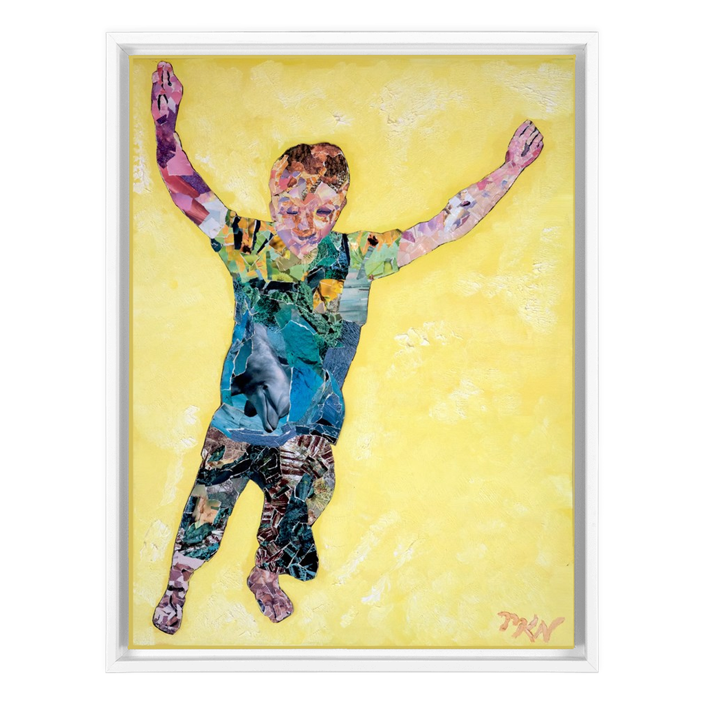 Meghan Nathanson Artistry child leaping collage art on canvas wrap framed