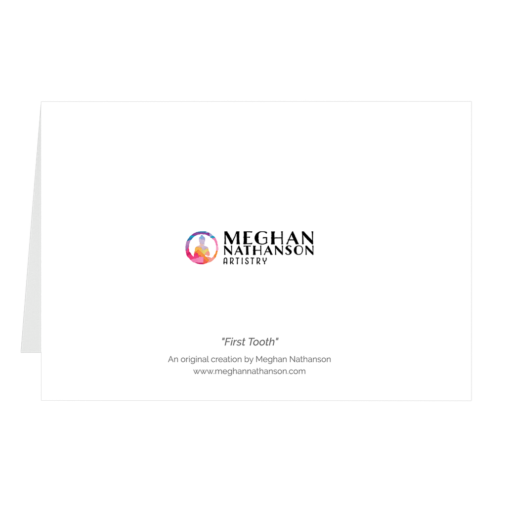 Meghan Nathanson Artistry black and white photo of a child's hand holding their first tooth on folded greeting card