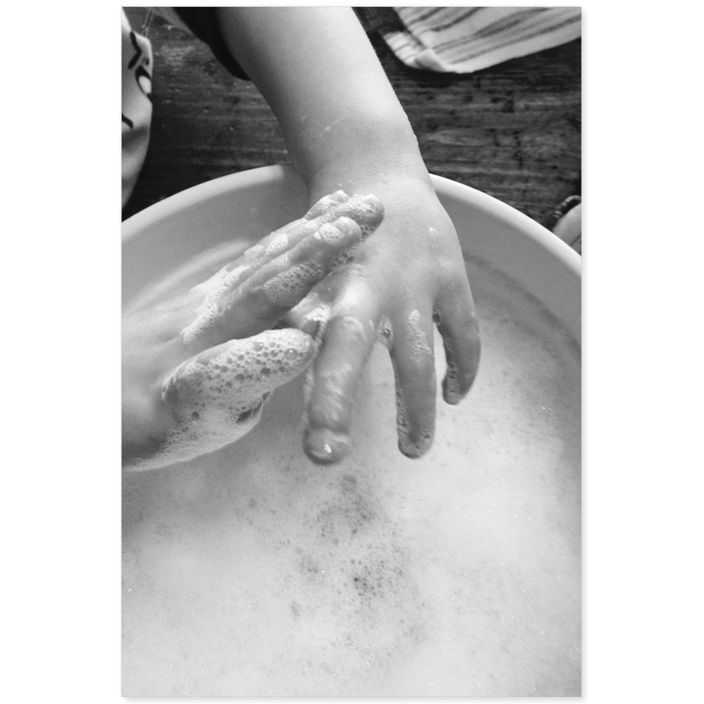 Meghan Nathanson Artistry black and white photo of a child's sudsy hands on mini canvas print