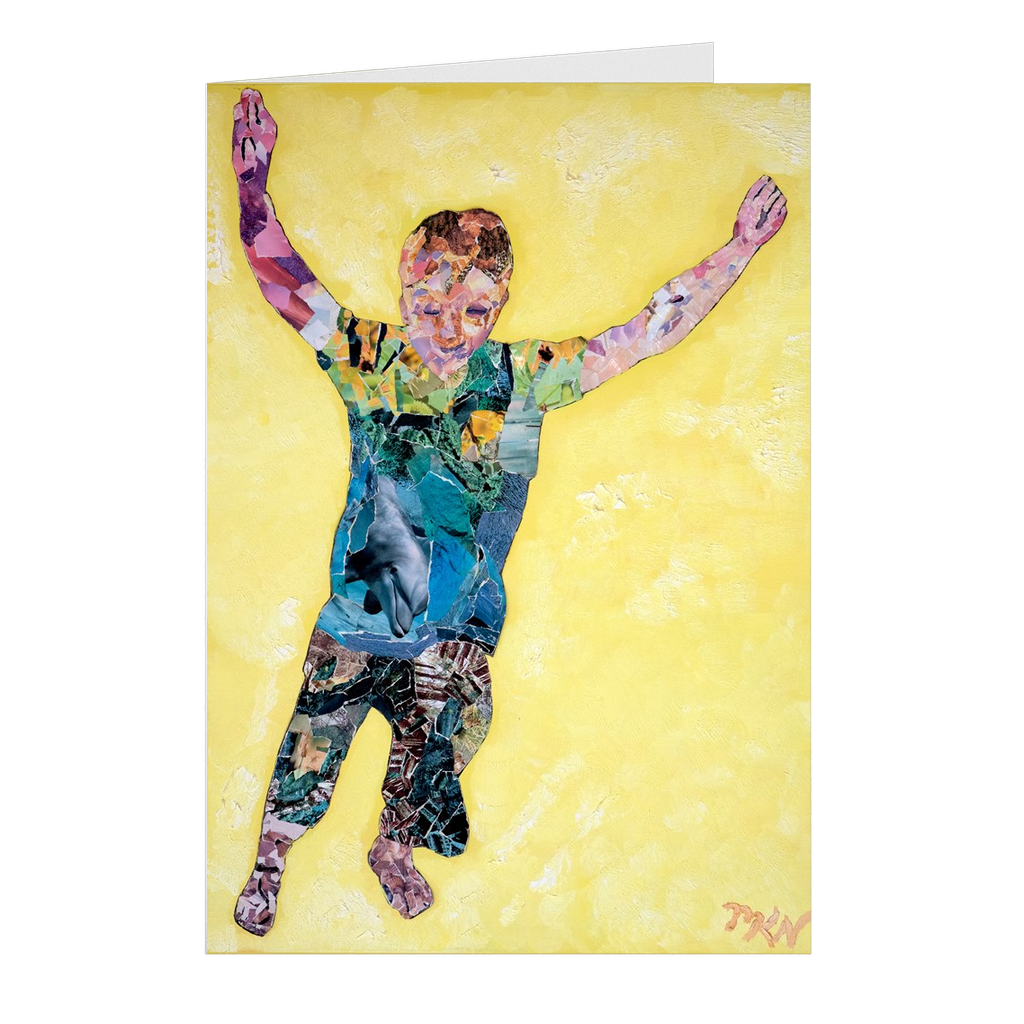 Meghan Nathanson Artistry child leaping collage art on folded greeting card