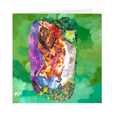 Meghan Nathanson Artistry woman in side bend pose collage art on folded greeting card