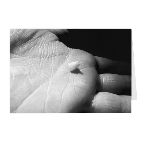 Meghan Nathanson Artistry black and white photo of a child's hand holding their first tooth on folded greeting card