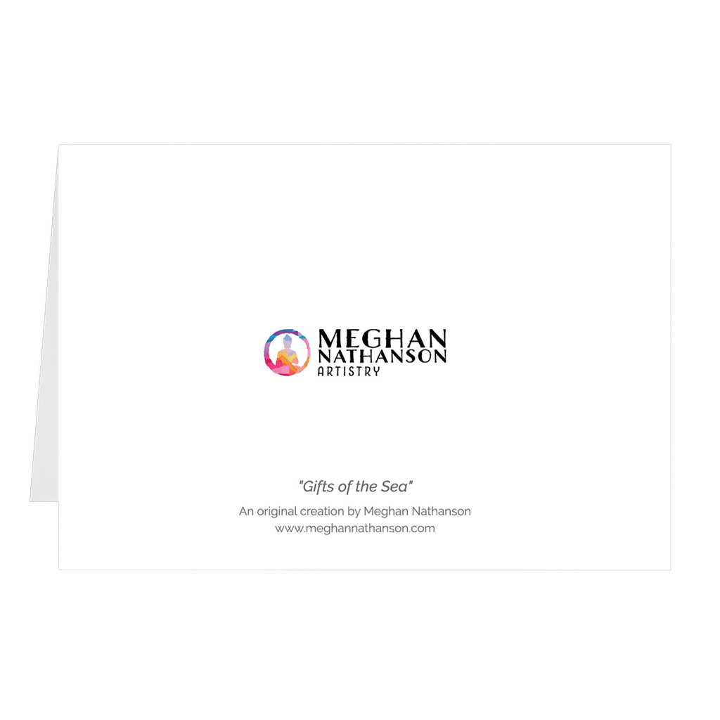 Meghan Nathanson Artistry color photo of child's hands holding a shell on the beach on folded greeting card